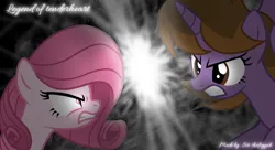 Size: 2080x1130 | Tagged: safe, artist:tanahgrogot, derpibooru import, oc, oc:annisa trihapsari, oc:princess kincade, unofficial characters only, alicorn, earth pony, pony, series:the legend of tenderheart, angry, black background, duo, duo female, female, fight, furious, glow, glowing eyes, gritted teeth, ibispaint x, image, lightning, mare, png, rage, simple background, teeth, unamused, unhappy