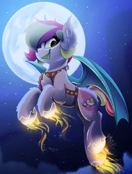 Size: 1900x2500 | Tagged: safe, artist:starcasteclipse, derpibooru import, part of a set, oc, unofficial characters only, bat pony, pony, commission, female, flying, full moon, image, mare, moon, night, night sky, png, sky, smiling, ych result