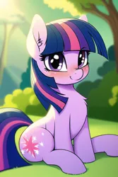 Size: 512x768 | Tagged: safe, derpibooru import, machine learning generated, novelai, stable diffusion, twilight sparkle, earth pony, blushing, earth pony twilight, grass, image, looking at you, outdoors, png, race swap, sitting, smiling, sunshine, tree