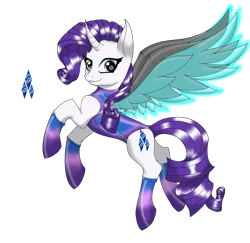 Size: 907x881 | Tagged: safe, artist:crystalfire562, derpibooru import, rarity, cyborg, unicorn, artificial wings, augmented, clothes, image, leotard, mechanical wing, png, simple background, solo, transparent background, wings