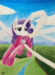 Size: 760x1051 | Tagged: safe, artist:grffxs, derpibooru import, rarity, alicorn, alicornified, clothes, cloud, flying, image, jetpack, jpeg, jumpsuit, race swap, raricorn, sky, smiling, traditional art