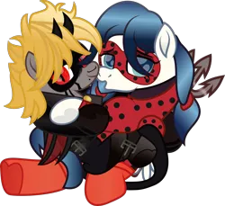 Size: 2227x2044 | Tagged: safe, artist:lincolnbrewsterfan, derpibooru import, oc, oc:lucy fair, oc:sunny harmony, unofficial characters only, bat pony, demon, demon pony, hybrid, original species, pegasus, derpibooru community collaboration, .svg available, 2023 community collab, bat pony oc, bat wings, behaving like a cat, belt, belt buckle, best friends, blood, blue eyes, blue mane, blue tail, cat noir, cat tail, closed mouth, clothes, cosplay, costume, crying, cuddle puddle, cuddling, curled up, derpibooru exclusive, devil, devil horns, duo, gradient mane, gradient tail, hoof heart, horn, horns, hybrid oc, image, inkscape, ladybug (miraculous ladybug), lip piercing, looking at you, mask, miraculous ladybug, movie accurate, no base, nose piercing, nose ring, open mouth, pair, pegasus oc, piercing, pitchfork, png, pony pile, red eyes, simple background, slit pupils, smiling, smiling at you, tail, tears of blood, transparent background, transparent wings, underhoof, vector, wings