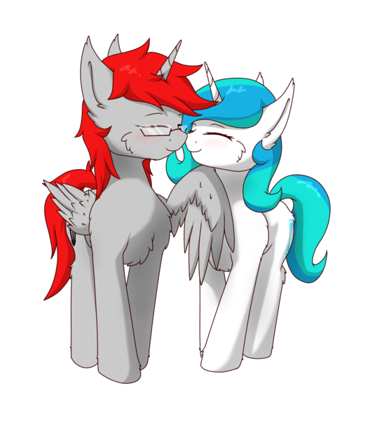 Size: 1400x1600 | Tagged: safe, artist:tx547, derpibooru import, oc, oc:ericken, oc:time slowly, unofficial characters only, alicorn, pony, unicorn, derpibooru community collaboration, 2023 community collab, alicorn oc, blushing, boop, cheek fluff, chest fluff, duo, eyes closed, glasses, horn, image, noseboop, png, simple background, transparent background, wings