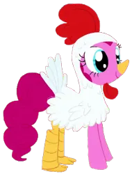 Size: 278x366 | Tagged: safe, artist:heil ric, derpibooru import, pinkie pie, bird, chicken, earth pony, pony, animal costume, chicken pie, chicken suit, clothes, costume, female, image, mare, nightmare night costume, png, simple background, smiling, solo, transparent background, youtube link