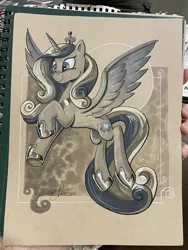 Size: 1536x2048 | Tagged: safe, artist:andypriceart, derpibooru import, princess cadance, alicorn, pony, crown, female, flying, grayscale, hoof shoes, image, jewelry, jpeg, mare, monochrome, photo, regalia, smiling, solo, traditional art