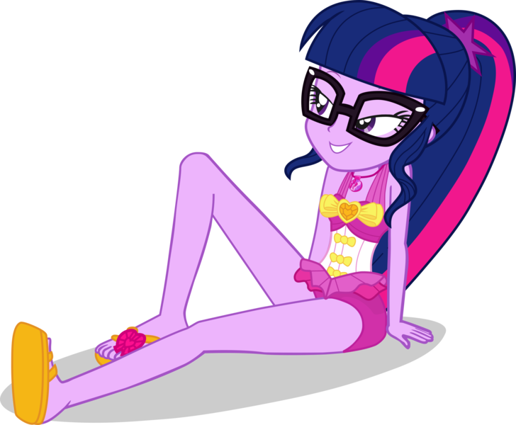 Size: 2636x2172 | Tagged: safe, alternate version, artist:dustinwatsongkx, derpibooru import, sci-twi, twilight sparkle, human, equestria girls, accessory swap, bare shoulders, clothes, clothes swap, female, geode of sugar bombs, glasses, image, magical geodes, one-piece swimsuit, pinkie pie swimsuit, png, simple background, sleeveless, solo, swimsuit, swimsuit swap, transparent background