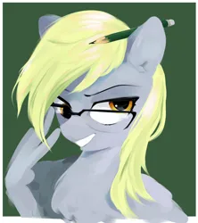 Size: 1110x1251 | Tagged: safe, artist:some_ponu, derpibooru import, derpy hooves, pegasus, pony, chest fluff, derp, female, glasses, image, looking at you, mare, pencil, pencil behind ear, png, simple background, touching face, wings