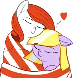 Size: 2234x2393 | Tagged: safe, artist:mraagh, derpibooru import, oc, oc:maze, oc:rosy wings, unofficial characters only, pony, cuddling, eyes closed, female, filly, foal, happy, heart, hug, image, lavender coat, mare, png, red mane, shipping, simple background, towel, transparent background, white coat