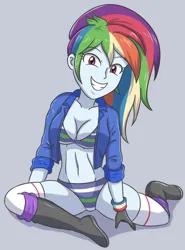 Size: 2618x3543 | Tagged: suggestive, artist:sumin6301, derpibooru import, rainbow dash, human, equestria girls, bra, breasts, busty rainbow dash, cleavage, clothes, female, grin, high res, image, jacket, jpeg, looking at you, panties, simple background, sitting, smiling, solo, solo female, teeth, underwear, white background, wristband