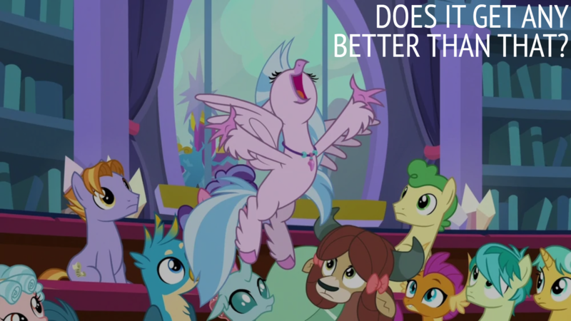 Size: 1920x1080 | Tagged: safe, derpibooru import, edit, edited screencap, editor:quoterific, screencap, citrine spark, fire quacker, gallus, ocellus, sandbar, silverstream, smolder, yona, a matter of principals, friendship student, image, png, school of friendship, student six, twilight's castle, window