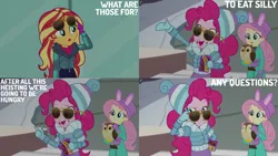 Size: 4400x2475 | Tagged: safe, derpibooru import, edit, edited screencap, editor:quoterific, screencap, fluttershy, pinkie pie, sunset shimmer, bird, owl, equestria girls, equestria girls series, holidays unwrapped, spoiler:eqg series (season 2), image, png, winter break-in