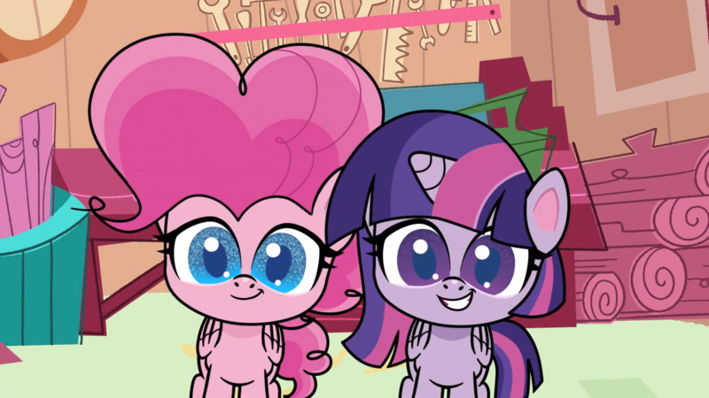 Size: 1920x1080 | Tagged: safe, derpibooru import, screencap, pinkie pie, twilight sparkle, twilight sparkle (alicorn), alicorn, pegasus, pony, badge of shame, my little pony: pony life, spoiler:pony life s01e10, animation error, duo, duo female, female, folded wings, image, looking at you, mare, pegasus pinkie pie, png, race swap, smiling, wings