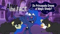 Size: 1024x576 | Tagged: safe, artist:mlp-silver-quill, derpibooru import, princess luna, oc, oc:silver quill, oc:voice of reason, alicorn, earth pony, hippogriff, pony, do princesses dream of magic sheep, after the fact, image, jpeg, screaming, title card, trio, youtube link