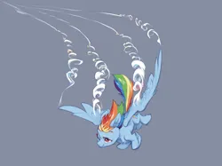 Size: 2732x2048 | Tagged: safe, artist:blue ink, derpibooru import, rainbow dash, pegasus, pony, contrail, flying, gray background, image, one eye closed, png, simple background, solo, spread wings, turbulence, wings