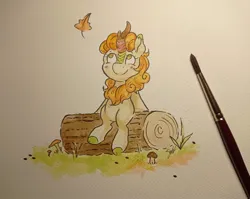 Size: 1802x1431 | Tagged: safe, artist:lightisanasshole, derpibooru import, autumn blaze, kirin, pony, autumn, falling leaves, female, image, jpeg, leaf, leaves, log, looking at something, mushroom, paintbrush, solo, traditional art, watercolor painting