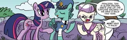 Size: 1327x419 | Tagged: safe, artist:kate sherron, derpibooru import, idw, alder brown, leigh stride, twilight sparkle, twilight sparkle (alicorn), alicorn, earth pony, pony, spoiler:comic, spoiler:comic83, dialogue, female, g4, image, jpeg, mare, police officer, police pony, police uniform, speech bubble, trio