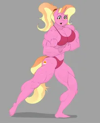 Size: 1675x2048 | Tagged: suggestive, artist:matchstickman, derpibooru import, luster dawn, anthro, plantigrade anthro, pony, unicorn, abs, biceps, bikini, bodybuilder, breasts, busty luster dawn, clothes, deltoids, female, flexing, flexing muscles, gray background, image, jpeg, looking at you, luster brawn, mare, muscles, muscular female, pecs, simple background, solo, swimsuit, thighs, thunder thighs, triceps