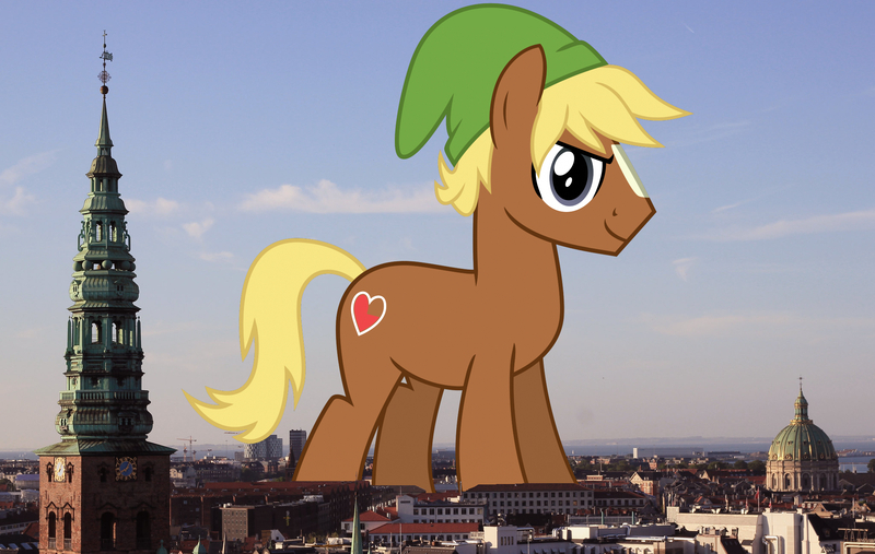 Size: 2048x1299 | Tagged: safe, artist:cheezedoodle96, derpibooru import, edit, quarter hearts, earth pony, pony, background pony, blaze (coat marking), coat markings, copenhagen, denmark, facial markings, giant pony, giant/macro earth pony, hat, highrise ponies, image, irl, jpeg, link, macro, male, mega giant, photo, ponies in real life, stallion, the legend of zelda