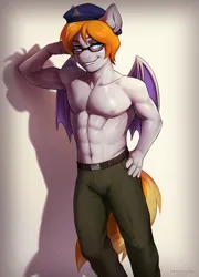 Size: 2243x3123 | Tagged: suggestive, artist:muhomora, derpibooru import, oc, oc:ember eclipse, anthro, bat pony, pony, beret, clothes, commission, hat, image, pants, png