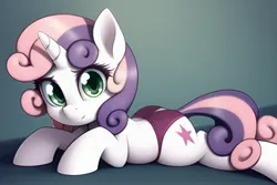 Size: 3072x2048 | Tagged: suggestive, alternate version, derpibooru import, machine learning generated, novelai, stable diffusion, sweetie belle, pony, unicorn, alternate cutie mark, clothes, female, filly, foal, foalcon, gradient background, image, jpeg, looking at you, lying down, prone, purple underwear, red underwear, smiling, smiling at you, solo, solo female, tail, tail hole, underage, underwear, upscaled, wrong cutie mark