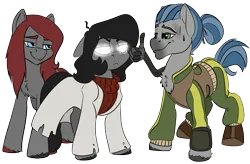 Size: 1552x1021 | Tagged: safe, artist:brainiac, derpibooru import, oc, oc:cerise, oc:outlook grim, oc:silent echoes, unofficial characters only, earth pony, pony, derpibooru community collaboration, 2022 community collab, female, image, male, mare, png, simple background, stallion, transparent background, trio