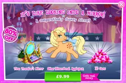 Size: 1962x1301 | Tagged: safe, derpibooru import, official, applejack (g1), earth pony, pony, advertisement, book, bow, bush, english, female, freckles, g1, gameloft, gem, image, jpeg, mare, mirror, numbers, quill, sale, solo, solo focus, tail, tail bow, text