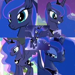Size: 720x720 | Tagged: safe, derpibooru import, edit, screencap, princess luna, alicorn, bloom and gloom, equestria games (episode), sleepless in ponyville, to where and back again, twilight's kingdom, close-up, collage, crown, ethereal mane, image, jewelry, peytral, png, regalia, tiara