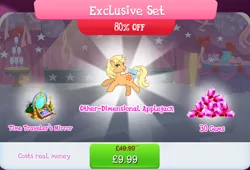 Size: 1266x861 | Tagged: safe, derpibooru import, official, applejack (g1), earth pony, pony, book, bow, bundle, bush, english, female, freckles, g1, gameloft, gem, image, jpeg, mare, mirror, mobile game, numbers, quill, sale, solo, solo focus, tail, tail bow, text