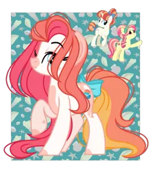Size: 593x676 | Tagged: safe, artist:emberslament, derpibooru import, rainbow stars, ruby love, scarlet heart, oc, oc:summer sands, earth pony, pony, bow, earth pony oc, female, fusion, hair bow, hairband, image, mare, png, seashell, tail, tail bow, tail bun