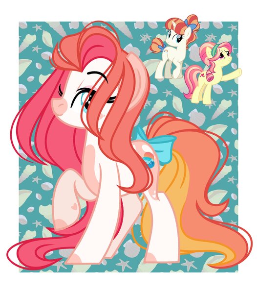 Size: 1795x2048 | Tagged: safe, artist:emberslament, derpibooru import, rainbow stars, ruby love, scarlet heart, oc, oc:summer sands, earth pony, pony, bow, earth pony oc, female, fusion, hair bow, hairband, image, jpeg, mare, seashell, tail, tail bow, tail bun