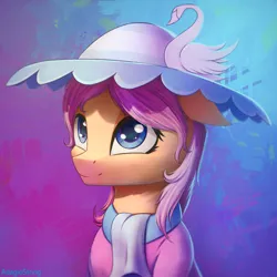 Size: 2000x2000 | Tagged: safe, artist:adagiostring, derpibooru import, swan song, pony, background pony, bust, cannon, clothes, commission, cute, dress, hair, hat, headshot commission, image, looking up, my little pony, png, portrait, simple background, wide eyes