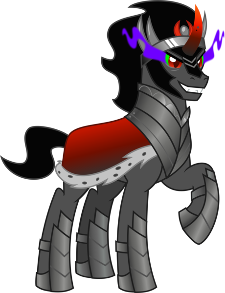 Size: 1755x2288 | Tagged: safe, artist:lightningbolt, derpibooru import, king sombra, pony, unicorn, .svg available, armor, cape, clothes, crown, curved horn, derpibooru exclusive, fangs, gradient horn, grin, horn, image, jewelry, looking at you, male, png, raised hoof, regalia, short tail, simple background, smiling, sombra eyes, stallion, tail, transparent background, vector