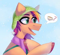 Size: 1170x1071 | Tagged: safe, artist:rtootb, derpibooru import, sunny starscout, alicorn, earth pony, pony, spoiler:g5, clothes, g5, happy, hat, hooves, image, jpeg, looking at someone, raised hoof, simple background, smiling, snow, snowfall, snowflake, solo, winter, winter outfit