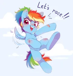 Size: 1010x1049 | Tagged: safe, artist:melodylibris, derpibooru import, rainbow dash, pegasus, pony, bandaid, bandaid on nose, dialogue, female, filly, filly rainbow dash, flying, image, jpeg, open mouth, ponytail, redraw, scrapes, solo, talking to viewer, underhoof, younger