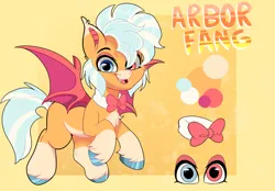 Size: 1958x1361 | Tagged: safe, artist:joaothejohn, derpibooru import, oc, oc:arbor fang, bat pony, pony, bat pony oc, bat wings, bowtie, commission, cute, fangs, flying, image, looking at you, png, reference sheet, simple background, solo, text, wings