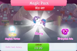 Size: 1268x854 | Tagged: safe, derpibooru import, idw, official, glory, pony, unicorn, bow, bundle, costs real money, english, female, g1, g4, gameloft, horn, image, jpeg, magic, mare, numbers, sale, solo, solo focus, tail, tail bow, text, vortex