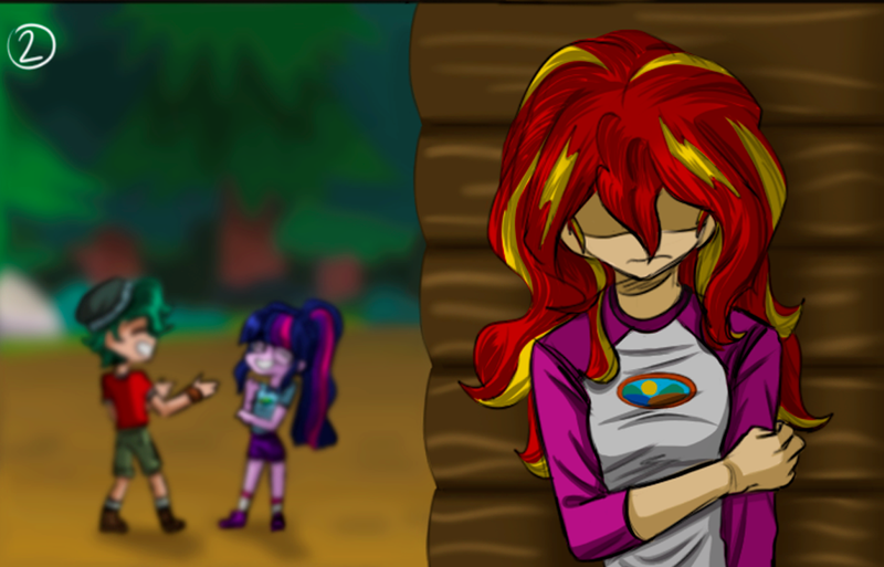 Size: 1067x684 | Tagged: safe, artist:daazzlin, derpibooru import, sci-twi, sunset shimmer, timber spruce, twilight sparkle, equestria girls, camp everfree outfits, cropped, female, image, jealous, male, png, shipping, straight, timbertwi, trio