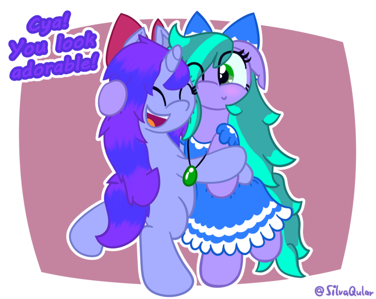 Size: 2772x2205 | Tagged: safe, artist:silvaqular, derpibooru import, oc, earth pony, pony, unicorn, best friends, blue, blurple, bow, clothes, colorful, cuddling, cyan, dress, fluffy mane, happy, hug, image, jewelry, joy, joyful, necklace, png, pointy mane, purple, snuggling