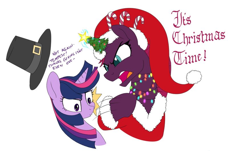 Size: 1563x1036 | Tagged: safe, artist:brisineo, fizzlepop berrytwist, tempest shadow, twilight sparkle, twilight sparkle (alicorn), alicorn, pony, unicorn, candy, candy cane, christmas, christmas lights, christmas tree, dialogue, duo, female, food, hat, holiday, image, jpeg, mare, pilgrim hat, santa hat, simple background, slapping, solo, thanksgiving, tree, white background
