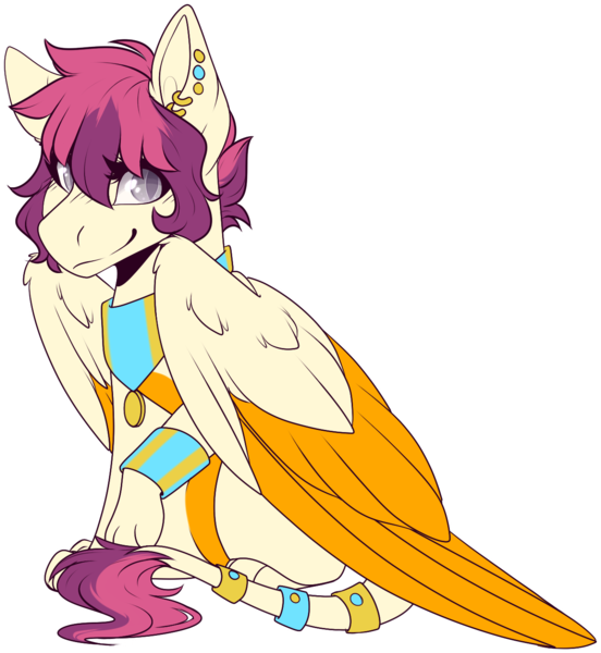 Size: 1274x1384 | Tagged: safe, artist:certhewitch, derpibooru import, oc, oc:nephthys, oc:nephy, oc:zafina, unofficial characters only, sphinx, colored belly, colored pupils, colored wings, ear piercing, earring, female, gray eyes, hair over eyes, image, jewelry, large wings, leonine tail, looking at you, paws, piercing, pink mane, pink tail, png, simple background, sitting, slit pupils, smiling, smiling at you, solo, sphinx oc, tail, transparent background, two toned wings, wing fluff, wings, yellow coat