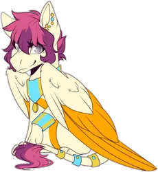 Size: 1274x1384 | Tagged: safe, artist:certhewitch, derpibooru import, oc, oc:nephthys, oc:nephy, oc:zafina, unofficial characters only, sphinx, colored belly, colored pupils, colored wings, ear piercing, earring, female, gray eyes, hair over eyes, image, jewelry, large wings, leonine tail, looking at you, paws, piercing, pink mane, pink tail, png, simple background, sitting, slit pupils, smiling, smiling at you, solo, sphinx oc, tail, transparent background, two toned wings, wing fluff, wings, yellow coat