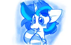 Size: 1280x823 | Tagged: safe, artist:zutcha, derpibooru import, shining armor, pony, unicorn, blushing, bust, clothes, colored sketch, eye clipping through hair, female, gleaming shield, image, jpeg, limited palette, mare, open mouth, open smile, rule 63, smiling, socks, solo, striped socks