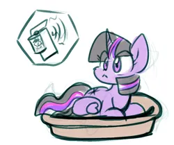 Size: 1034x864 | Tagged: safe, artist:zutcha, derpibooru import, twilight sparkle, twilight sparkle (alicorn), alicorn, pony, can opener, colored sketch, eye clipping through hair, female, image, lying down, mare, pet bed, png, prone, simple background, solo, white background
