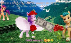 Size: 1096x660 | Tagged: safe, derpibooru import, hitch trailblazer, pipp petals, sunny starscout, earth pony, pegasus, pony, my little pony: a new generation, dollar, downvote bait, flower, g5, image, png, rose, text, wat