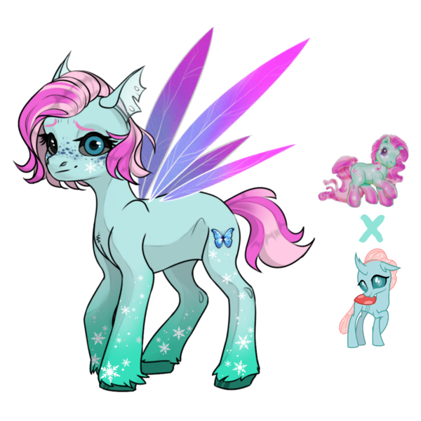 Size: 1200x1200 | Tagged: safe, artist:crumbelinadicarmello, derpibooru import, minty, ocellus, oc, changeling, hybrid, pony, avatar maker fantasy pony, black sclera, blue eyes, body markings, eyelashes, facial markings, female, freckles, fusion, fusion oc, g3, g4, gradient hooves, gradient legs, half changeling, heterochromia, image, insect wings, pink mane, png, short mane, short tail, snow, snowflake, solo, tail, wings, winter minty