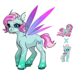Size: 1200x1200 | Tagged: safe, artist:crumbelinadicarmello, derpibooru import, minty, ocellus, oc, changeling, hybrid, pony, avatar maker fantasy pony, black sclera, blue eyes, body markings, eyelashes, facial markings, female, freckles, fusion, fusion oc, g3, g4, gradient hooves, gradient legs, half changeling, heterochromia, image, insect wings, pink mane, png, short mane, short tail, snow, snowflake, solo, tail, wings, winter minty