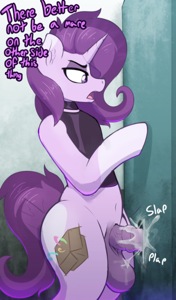 Size: 1857x3177 | Tagged: explicit, artist:czu, derpibooru import, oc, oc:czupone, pony, semi-anthro, unicorn, balls, belly button, bipedal, choker, cum, dialogue, ear fluff, eyeshadow, glazed dick, glory hole, horsecock, image, makeup, male, nudity, open mouth, penis, png, sex, solo, solo male, stallion, vein, veiny cock