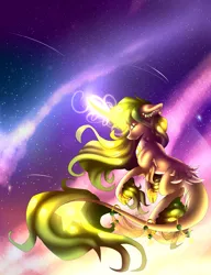 Size: 2144x2798 | Tagged: safe, artist:aquasky987, derpibooru import, oc, unofficial characters only, pony, unicorn, ear piercing, earring, female, glow, glowing horn, horn, image, jewelry, mare, night, piercing, png, solo, stars, unicorn oc