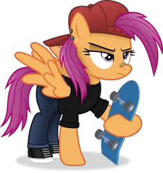 Size: 3657x3891 | Tagged: safe, artist:anime-equestria, derpibooru import, scootaloo, pegasus, pony, alternate hairstyle, backwards ballcap, bandaid, bandaid on nose, baseball cap, cap, clothes, denim, ear piercing, eyebrows, female, frown, hat, high res, image, jeans, mare, older, older scootaloo, pants, piercing, png, shoes, simple background, skateboard, solo, spread wings, transparent background, vector, wings