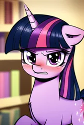 Size: 512x768 | Tagged: safe, derpibooru import, machine learning generated, novelai, stable diffusion, twilight sparkle, angry, blushing, bookshelf, floppy ears, image, indoors, looking at you, png, raised leg, standing